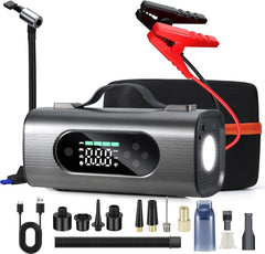 Newest 8 in 1 Portable Car Jump Starter with Air Compressor, Car dual-use wireless Vacuum Cleaner 150PSI Car Battery Jump Starter (4.0 Gas/2.5L Diesel), 12V Jump Box with Large LCD Display, Lights