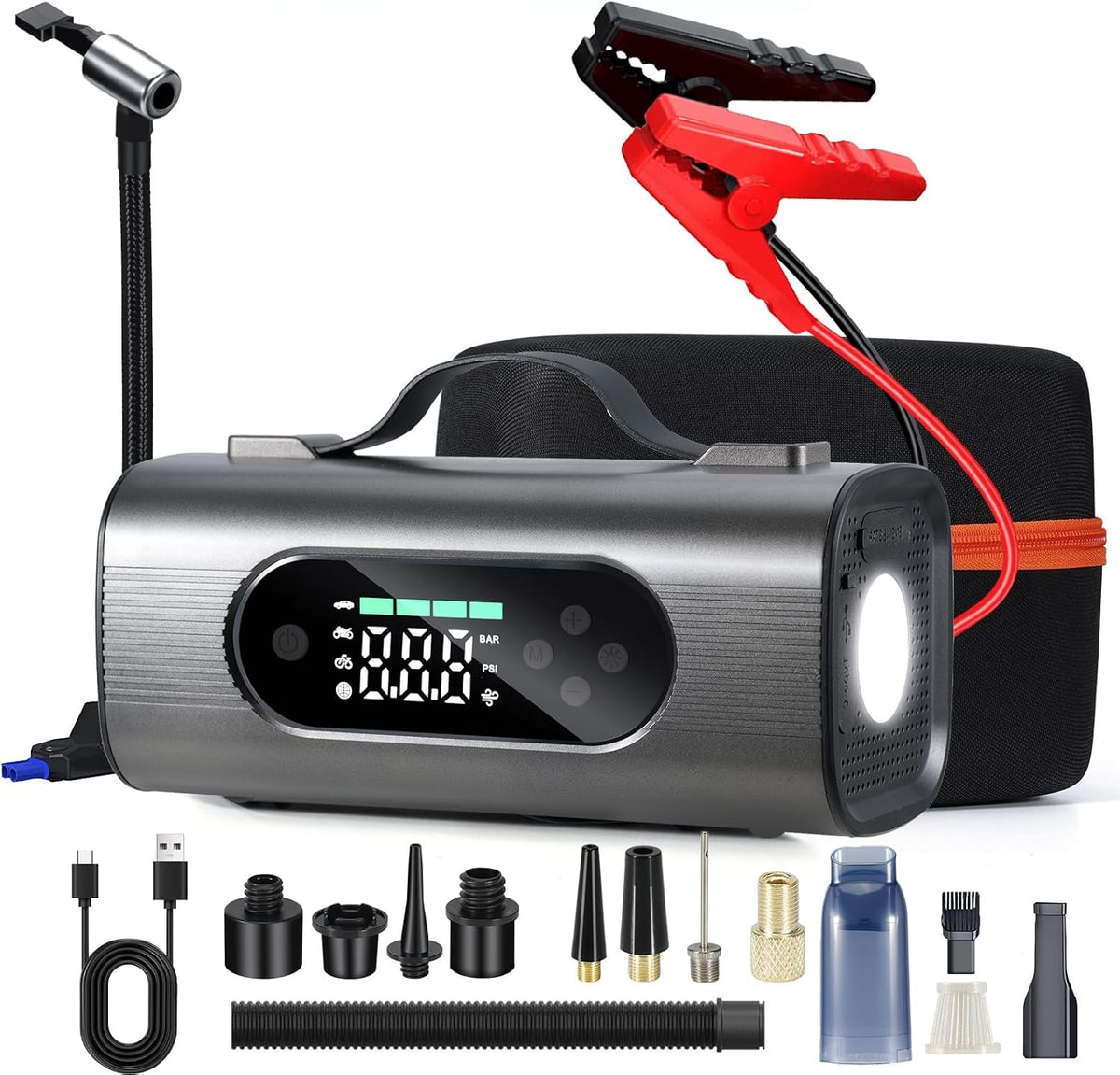Newest 8 in 1 Portable Car Jump Starter with Air Compressor, Car dual-use wireless Vacuum Cleaner 150PSI Car Battery Jump Starter (4.0 Gas/2.5L Diesel), 12V Jump Box with Large LCD Display, Lights